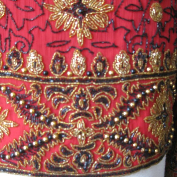Beaded Jacket / Vtg 90s / Papell Boutique Evening Jacket red gold beaded - Picture 5 of 7